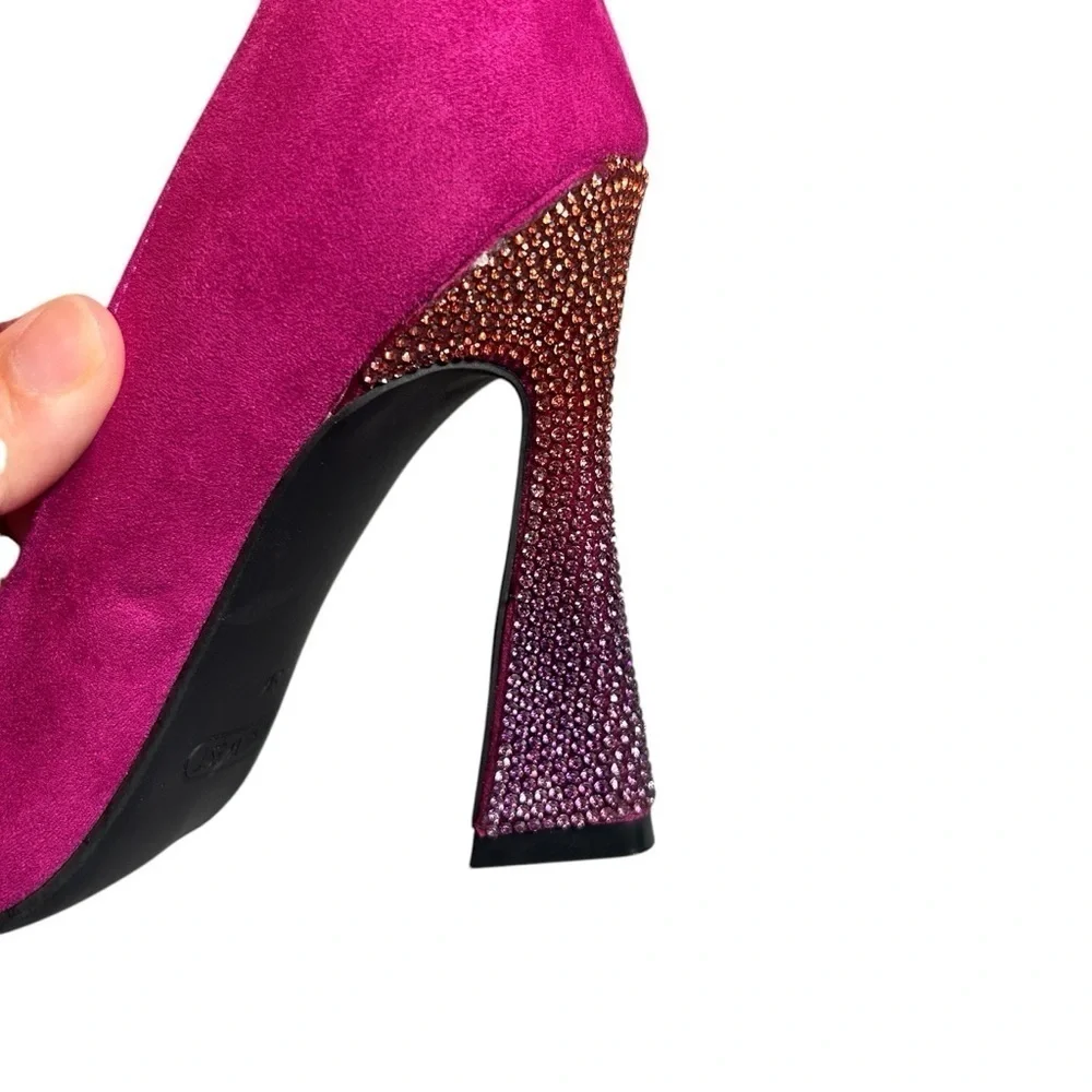 Nine West Tunips Fuchsia Pink Suede Rhinestone Flared Block Heel Pump Sz 5 - Picture 9 of 9